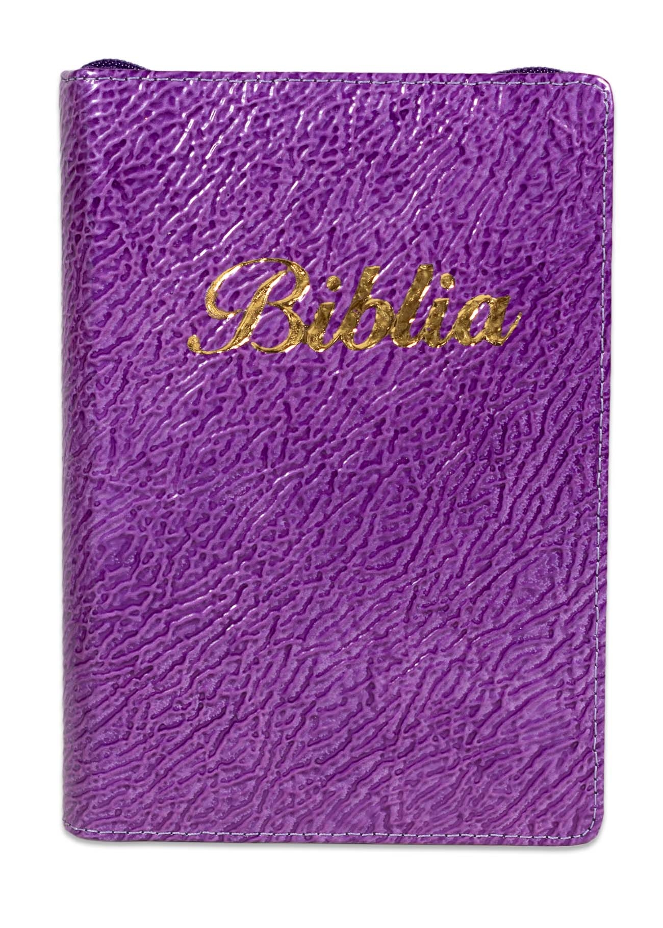 Biblia marime mica, mov  cu forme, piele, fermoar, margini argintii, index, cuv. lui Isus cu rosu [047 PFI]