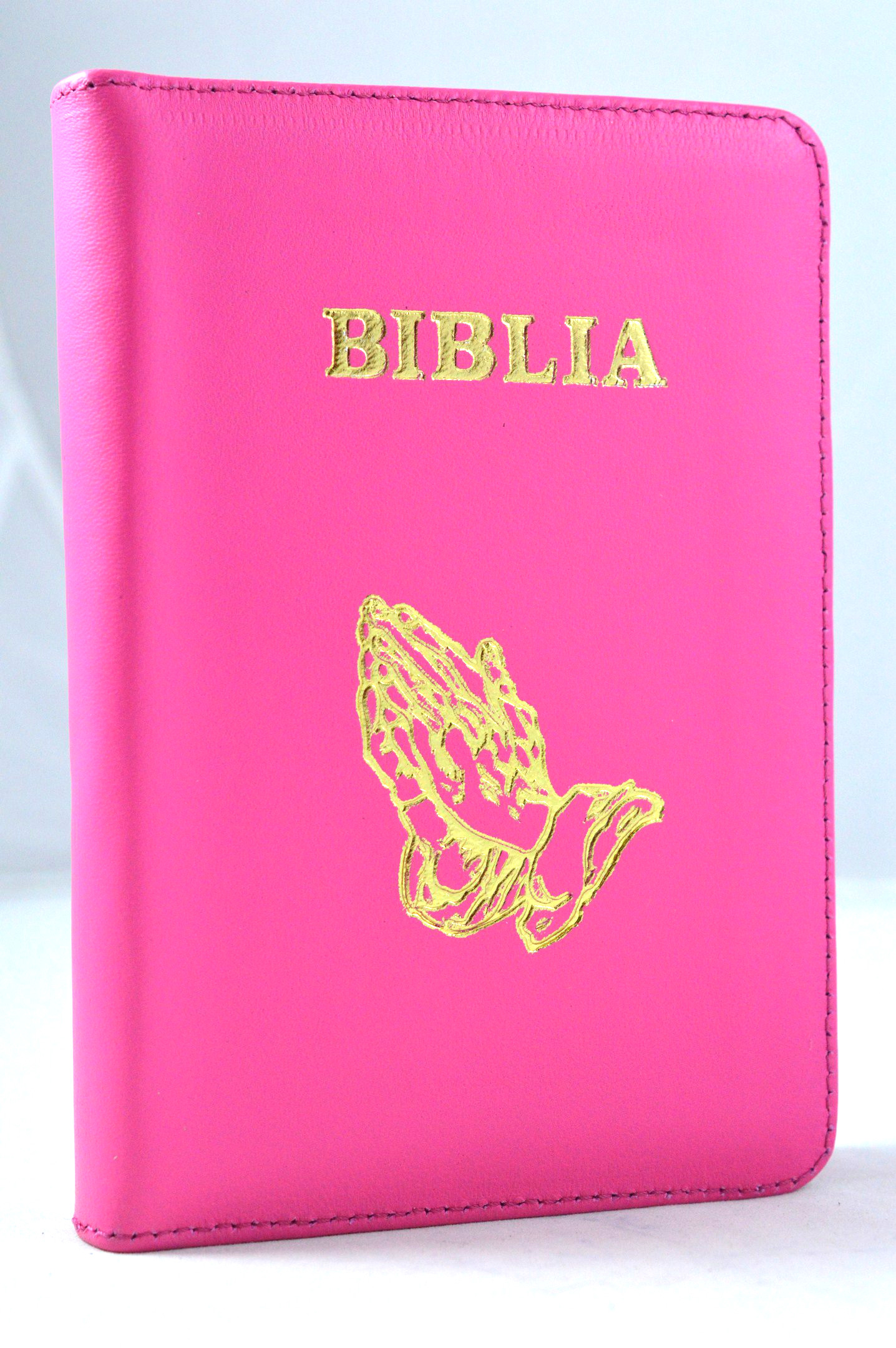 Biblia din piele, marime medie, roz bombon, fermoar, cu maini, cuv. lui Isus cu rosu [053]