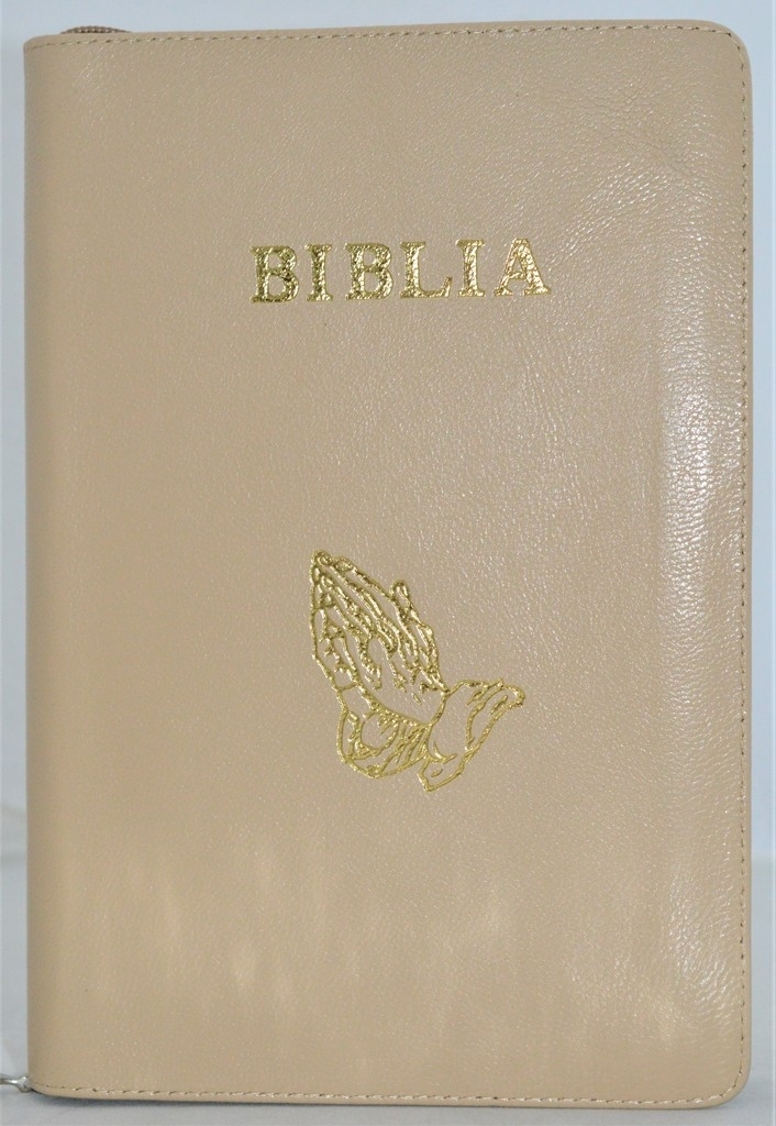 Biblie mare, piele, bej, fermoar, index, margini argintii, simbol maini in ruga, cuv. Isus cu rosu [SI 073 PFI]