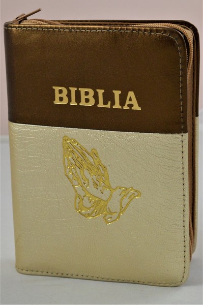Biblie din piele, mica, maro sidefat/auriu sidefat, fermoar, margini albe, simbolul maini in ruga, cuv. lui Isus in rosu [043 PF]