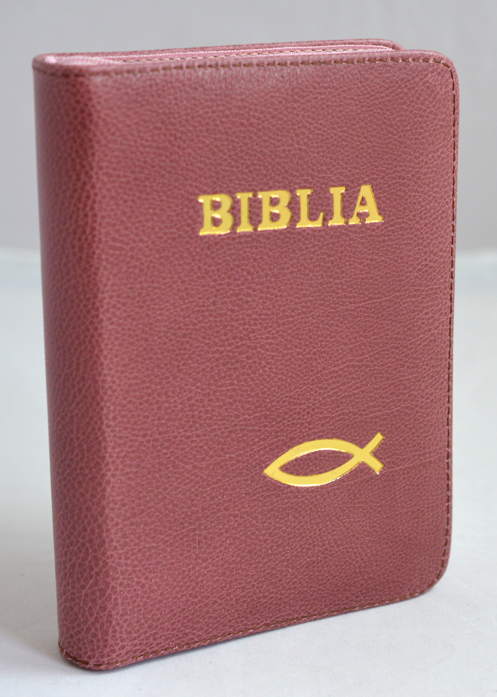 Biblia din piele, stacojie, dimensiune mica, fermoar, cu peste, cuv. lui Isus cu rosu  [043]