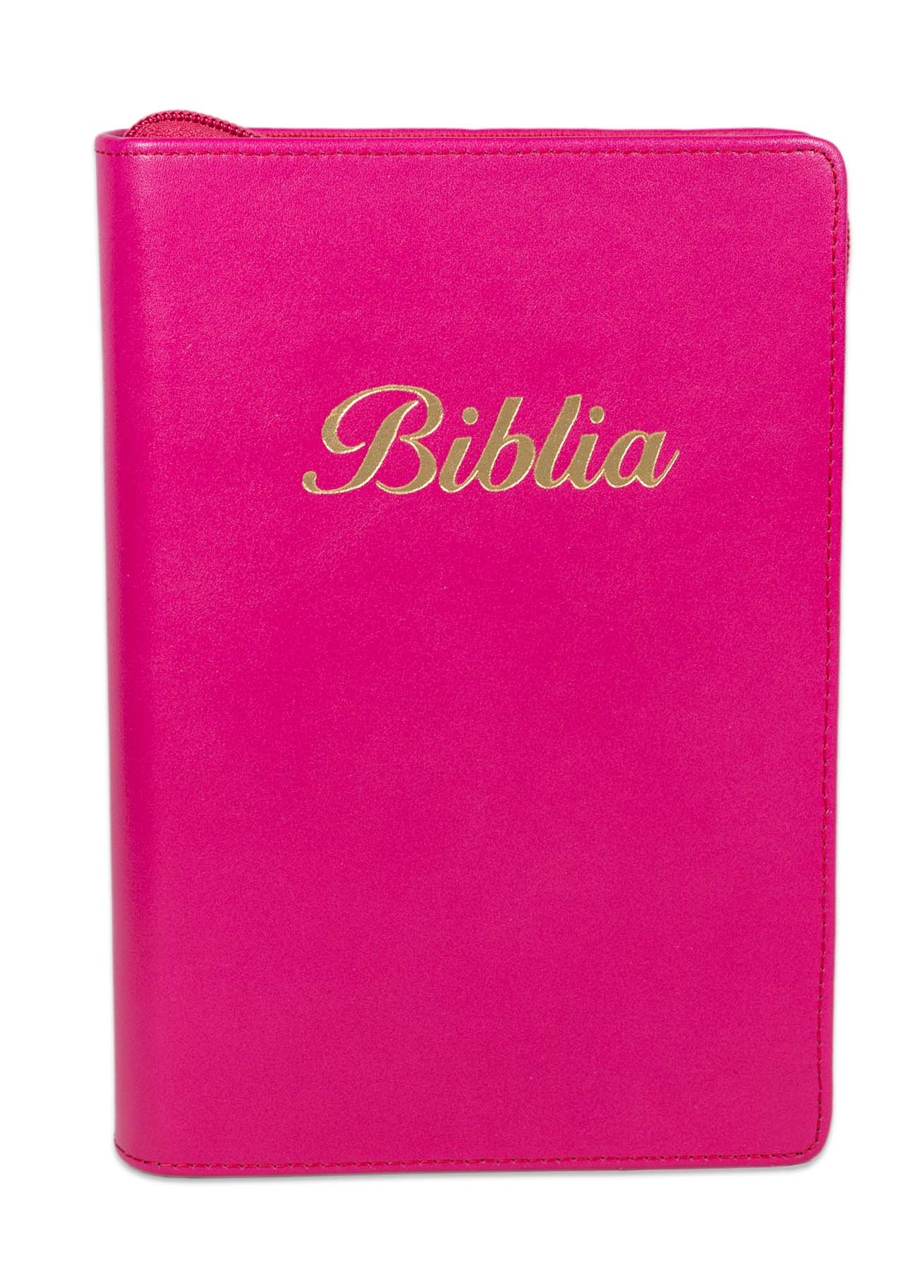 Biblia marime medie, culoare roz, piele, fermoar, margini aurii, index, cuv. lui Isus cu rosu [MAR 057 PFI]