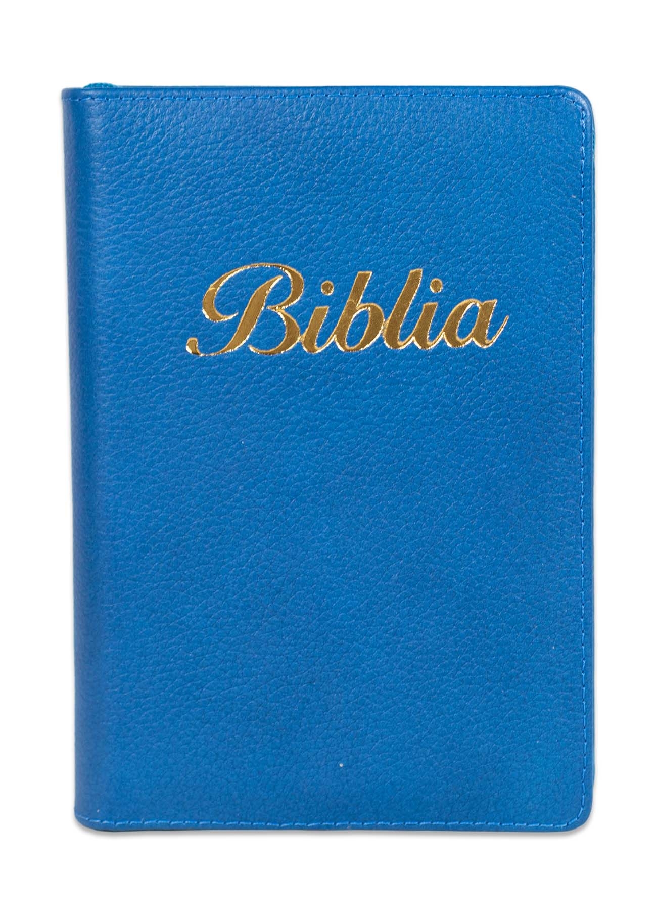 Biblia marime mica, culoare albastra, piele, fermoar, margini argintii, index, cuv. lui Isus cu rosu [047 PFI]