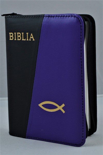 Biblie din piele, mica, negru/mov, fermoar, margini albe, simbolul peste, cuv. lui Isus in rosu [043 PF]
