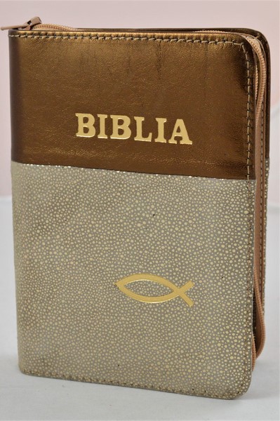 Biblie din piele, mica, maro sidefat/bej cu imprimeu auriu, fermoar, margini albe, simbolul peste, cuv. lui Isus in rosu [043 PF]