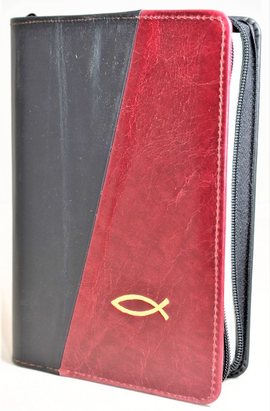 Biblia din piele, marime medie, negru/visiniu, fermoar, simbol  peste, cuv. lui Isus cu rosu [053]