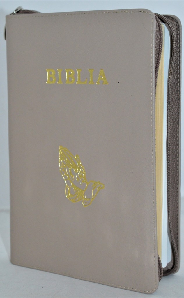 Biblia mare, din piele, culoare kaki, fermoar, margini aurii, simbol - maini in ruga, cuv. lui Isus in rosu [ SB 073 PFR]