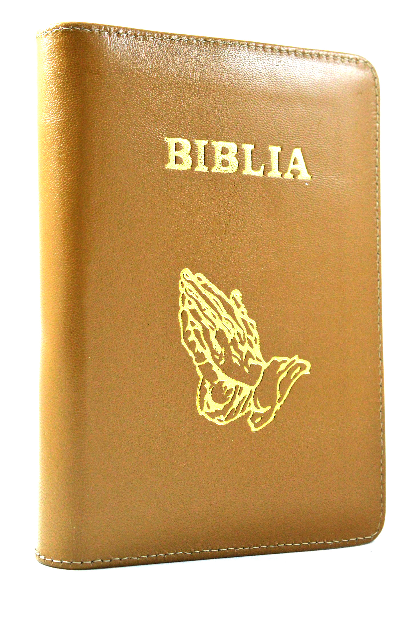 Biblie marime mica, din piele, culoare maro deschis, fermoar, simbol maini in ruga [043 PF]