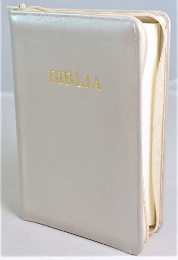 Biblia din piele, marime medie, bej sidefat, fermoar, cuv. lui Isus cu rosu [053]