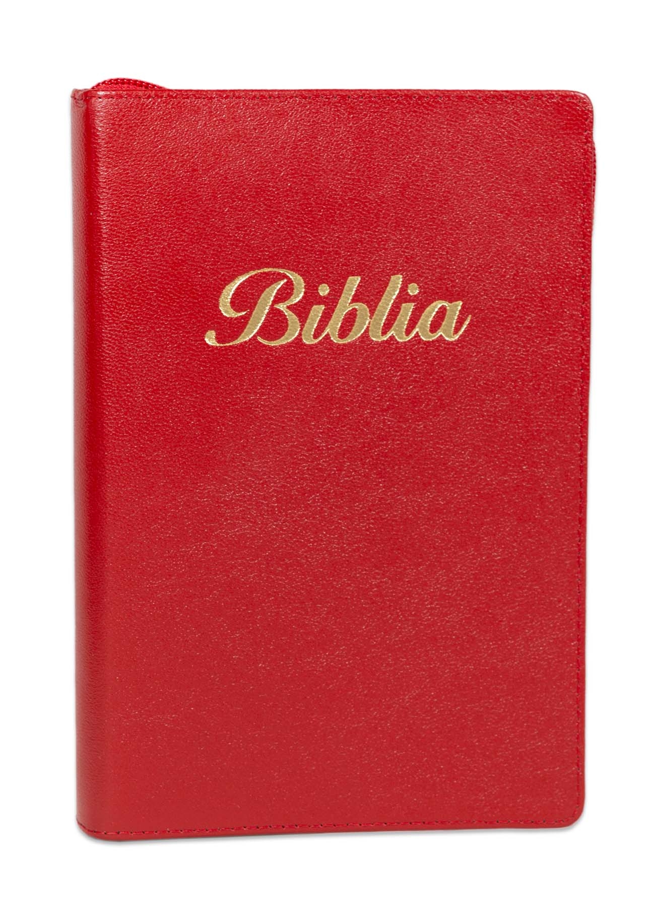 Biblia marime medie, culoare rosie, piele, fermoar, margini aurii, index, cuv. lui Isus cu rosu + pix [MAR 057 PFI]