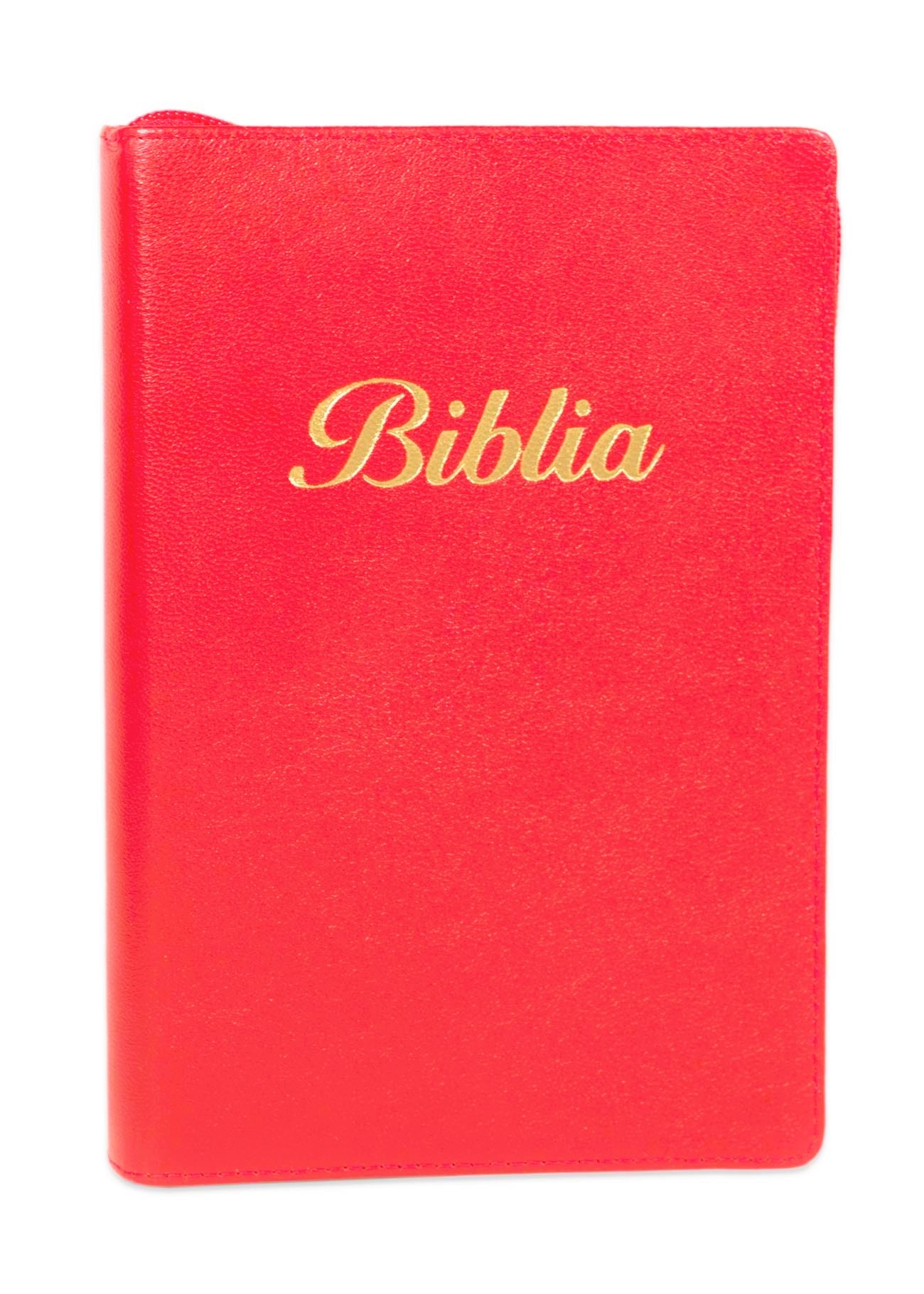 Biblia marime medie, culoare rosie, piele, fermoar, margini aurii, index, cuv. lui Isus cu rosu [MAR 057 PFI]