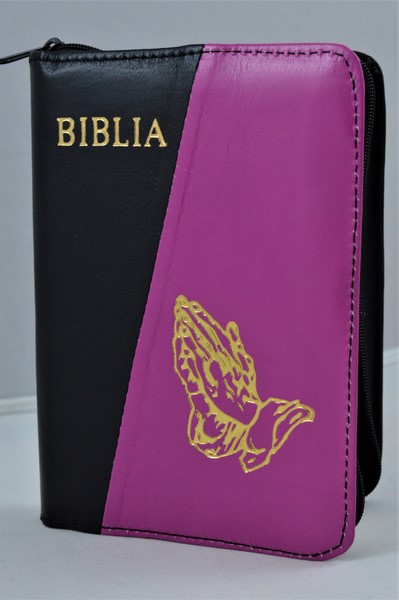 Biblie din piele, mica, negru/magenta, fermoar, margini albe, simbolul maini in ruga, cuv. lui Isus in rosu [043 PF]