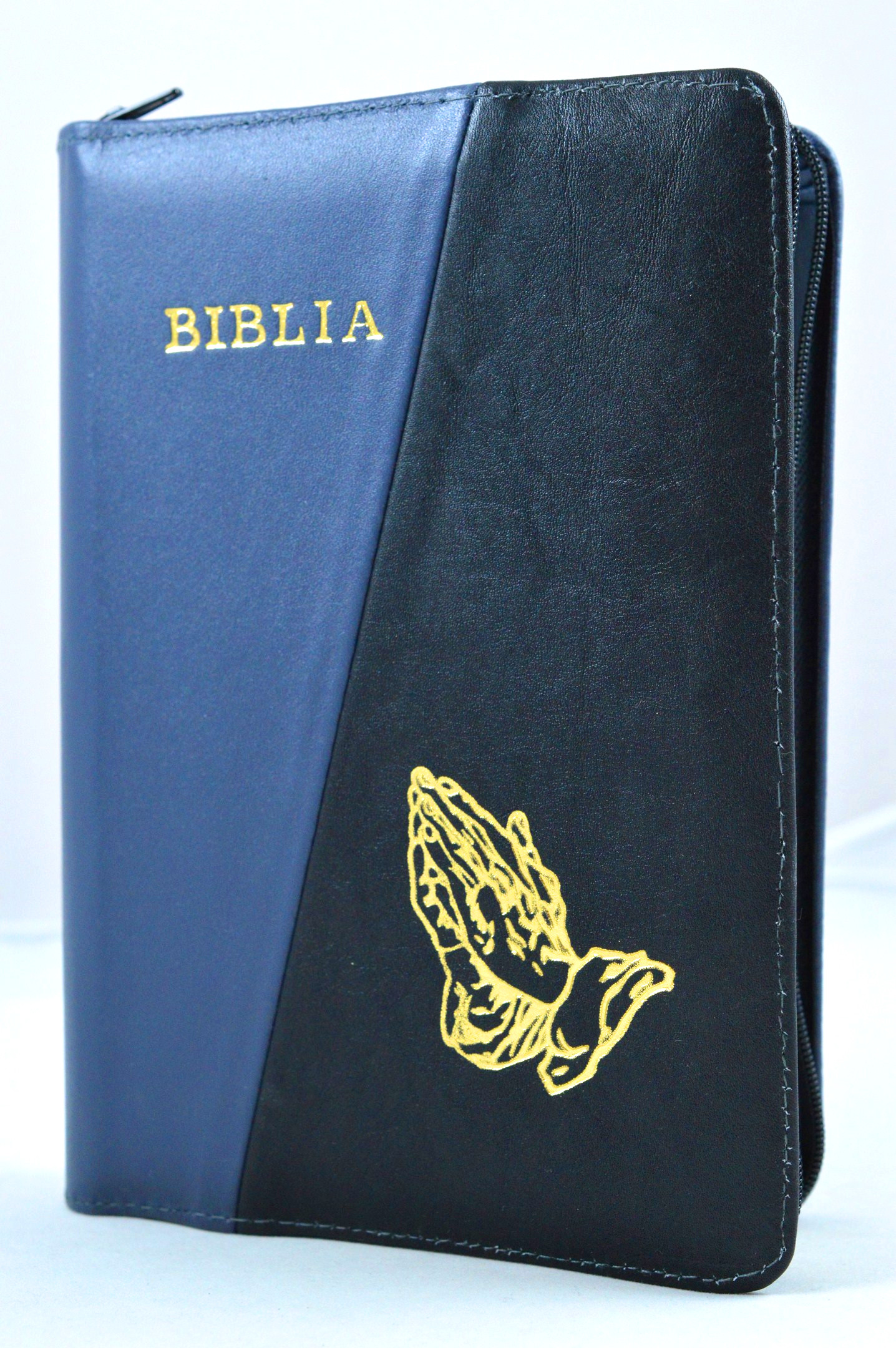 Biblia din piele, medie, bleumarin / negru, fermoar, aurita, cu maini gravate, cuv. lui Isus cu rosu [052]