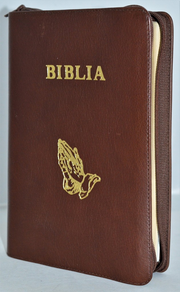 Biblia mare, din piele, culoare maro, fermoar, margini aurii, simbol - maini in ruga, cuv. lui Isus in rosu [ SB 073 PFR]