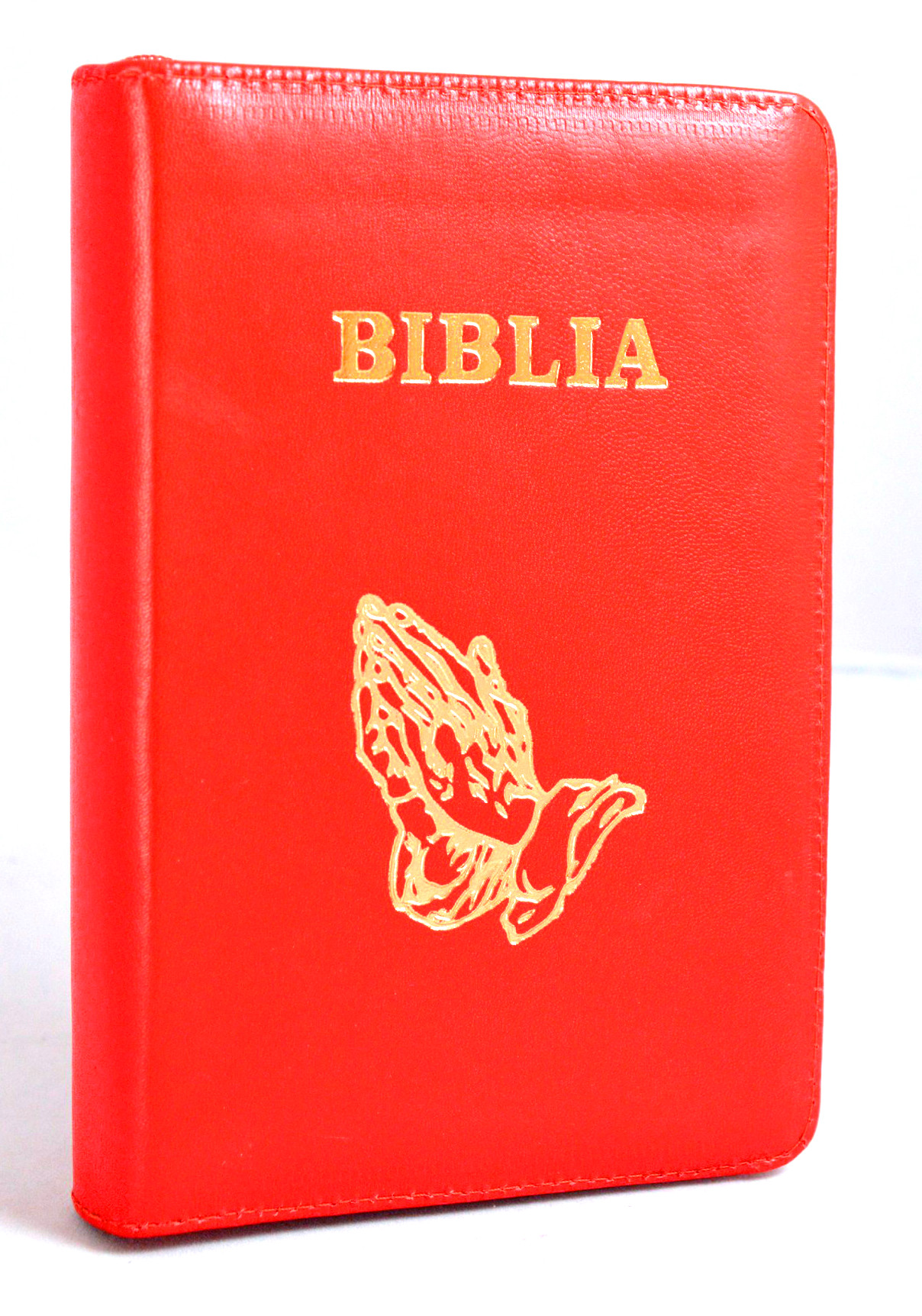 Biblie marime mica, din piele, culoare rosu deschis, simbol maini, fermoar [043 PF]