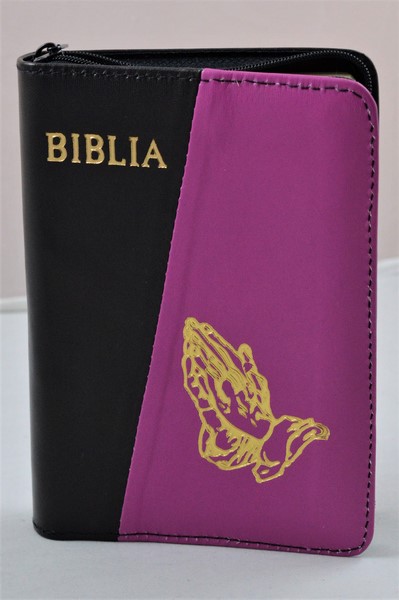 Biblia format mic, din piele, culoare negru/roz inchis, index, fermoar, margini argintii, simbolul maini in ruga, cuv. lui Isus in rosu [047 PFI]