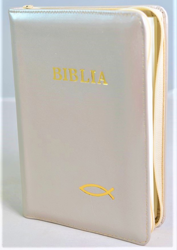 Biblia din piele, marime medie, bej sidefat, fermoar, simbol  peste, cuv. lui Isus cu rosu [053]