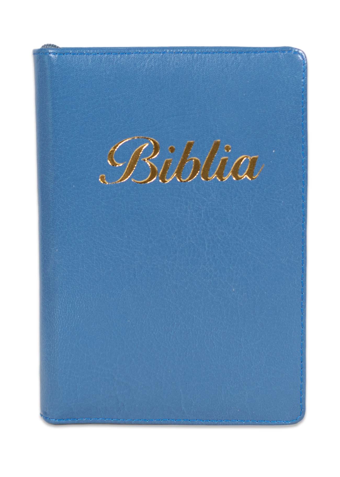 Biblia marime mica, albastra, piele, fermoar, margini argintii, index, cuv. lui Isus cu rosu [047 PFI]