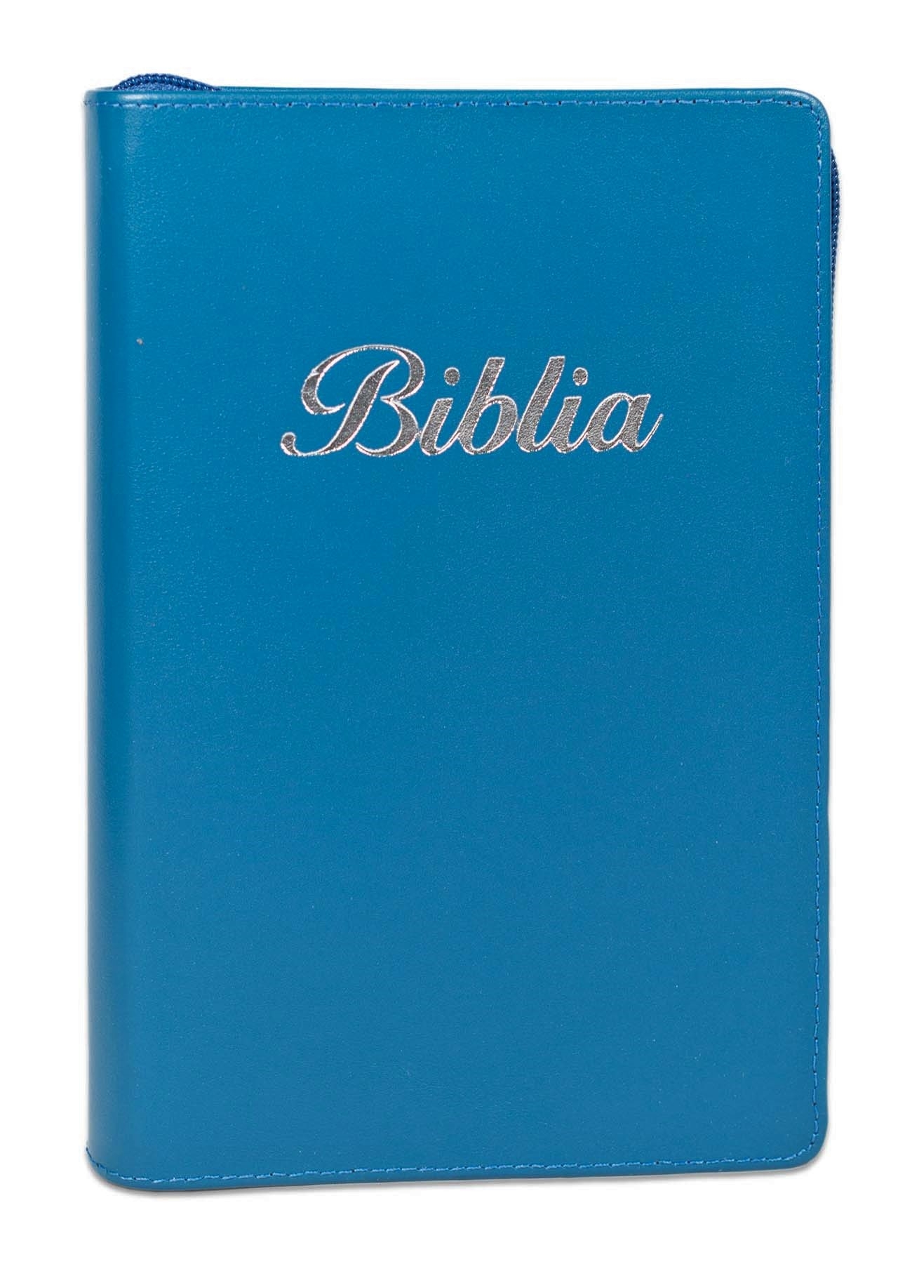 Biblia marime medie, culoare turcoaz, piele, fermoar, margini aurii, index, cuv. lui Isus cu rosu [MAR 057 PFI]