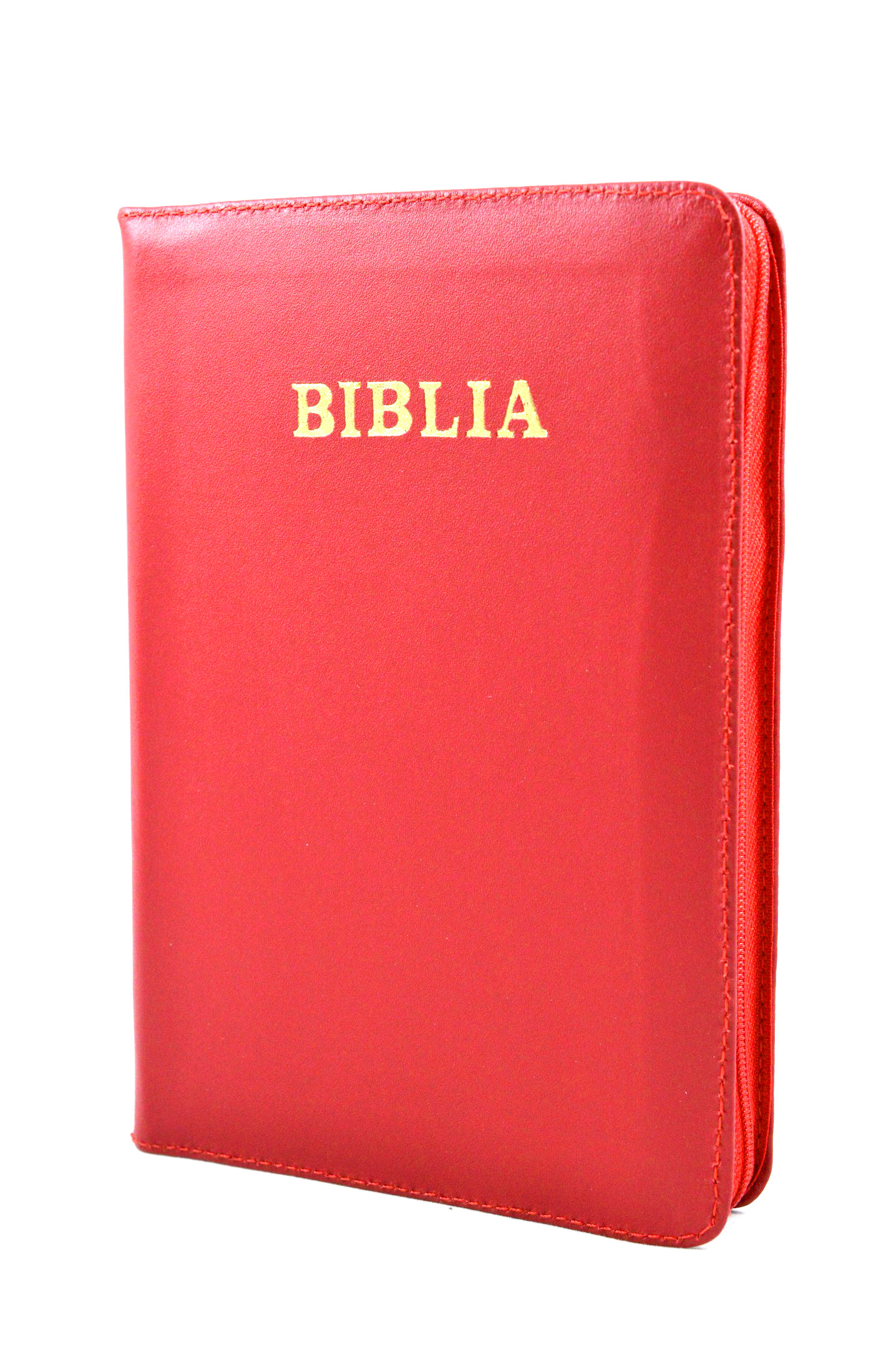 Biblia din piele, marime medie, culoare rosu coral, fermoar, cuv. lui Isus cu rosu [053]