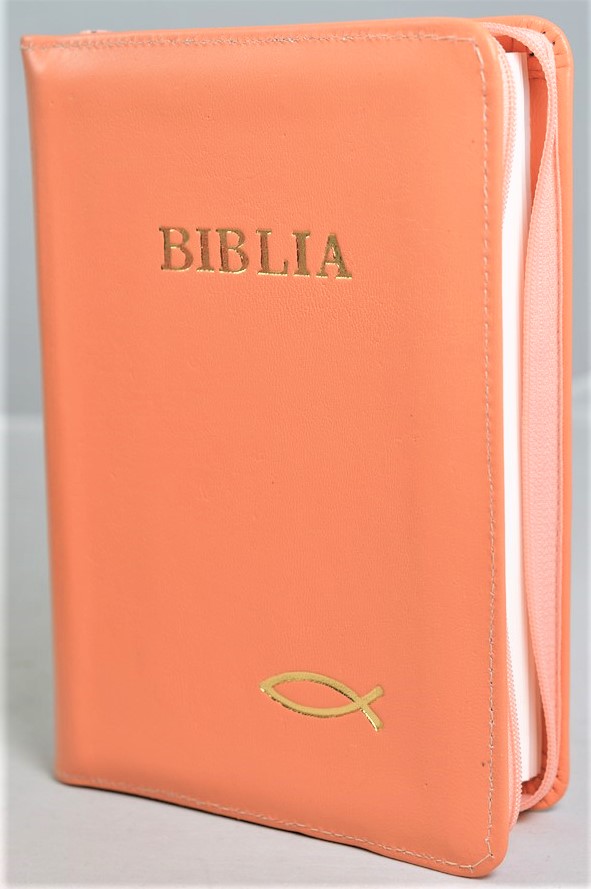 Biblia din piele, marime medie, culoare portocaliu deschis, fermoar, simbol peste, cuv. lui Isus cu rosu [053]