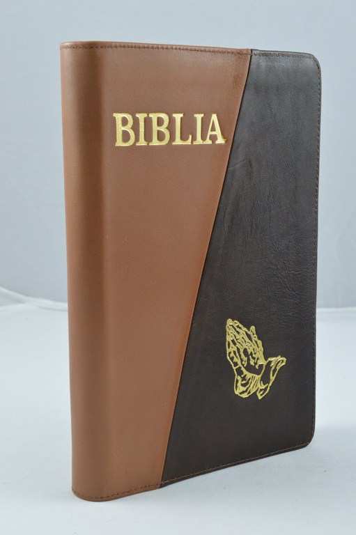 Biblia mare, din piele, nuante de maro, fermoar, margini aurii, simbol - maini in ruga, cuv. lui Isus in rosu [073 PFR]