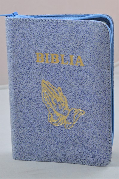 Biblia format mic, din piele, culoare alb cu albastru metalizat, index, fermoar, margini argintii, simbolul maini in ruga, cuv. lui Isus in rosu [047 PFI]