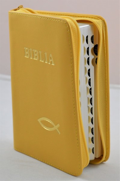 Biblia format mic, din piele, culoare galbena, index, fermoar, margini argintii, simbolul peste, cuv. lui Isus in rosu [047 PFI]