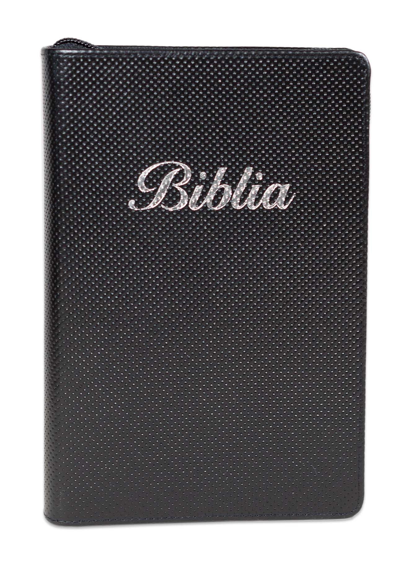 Biblia marime medie, culoare negru texturat, piele, fermoar, margini aurii, index, cuv. lui Isus cu rosu [MAR 057 PFI]