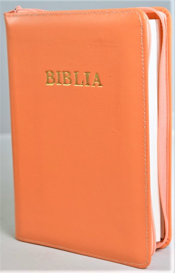 Biblia din piele, marime medie, culoare portocaliu , fermoar, cuv. lui Isus cu rosu [053]