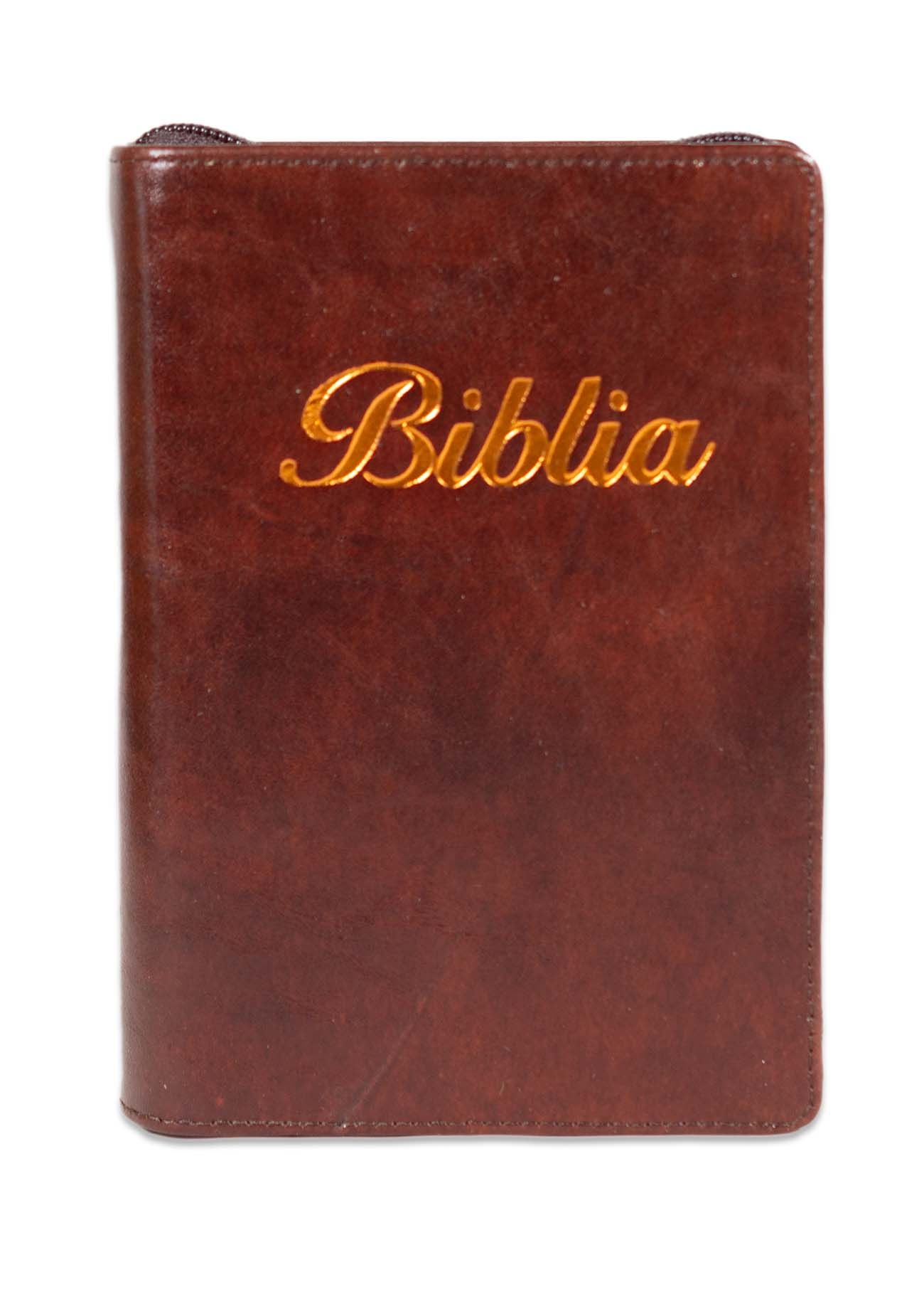 Biblia marime mica, maro, piele, fermoar, margini argintii, index, cuv. lui Isus cu rosu [047 PFI]