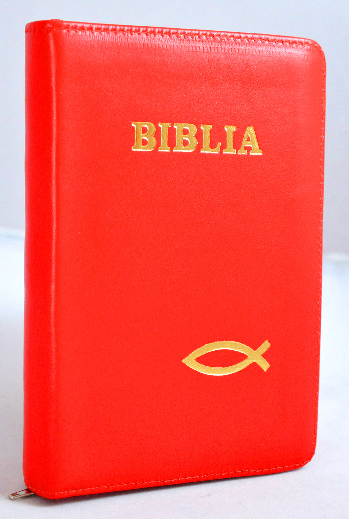 Biblia format mic, din piele, culoare rosie, index, fermoar, margini argintii, simbolul peste, cuv. lui Isus in rosu [047 PFI]