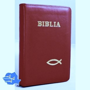 Biblie din piele, marime medie, culoare rosie, simbol peste, fermoar, index, margini aurii, cuv. lui Isus cu rosu [SB 057 PFI]