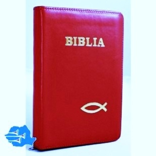 Biblie din piele, marime medie, culoare rosie, simbol peste, fermoar, index, margini aurii, cuv. lui Isus cu rosu [SB 057 PFI]