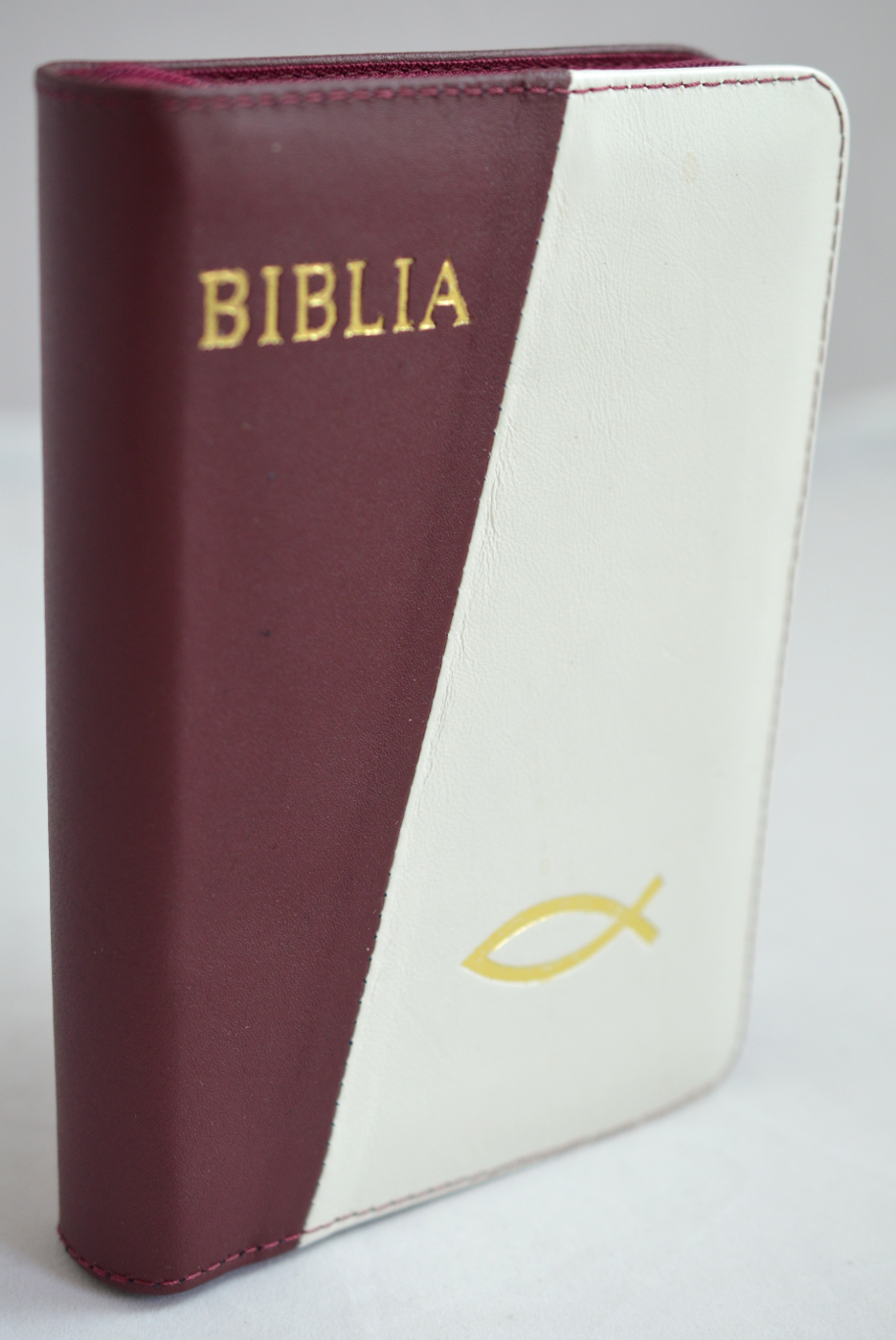 Biblia din piele, bordo / alb, dimensiune mica, fermoar, cu peste, cuv. lui Isus cu rosu  [043]