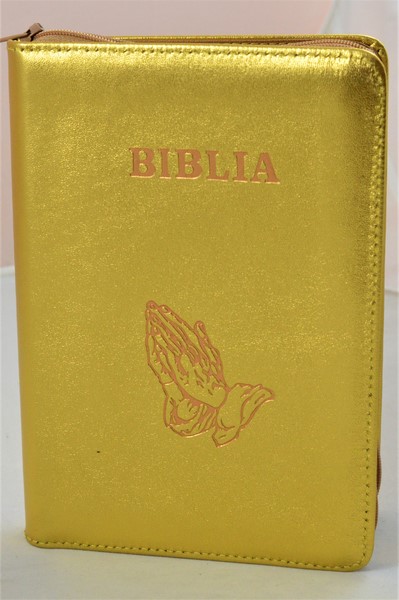 Biblie din piele, marime medie, aurie, simbol maini in rugaciune, fermoar, index, margini aurii, cuv. lui Isus cu rosu [SB 057 PFI]