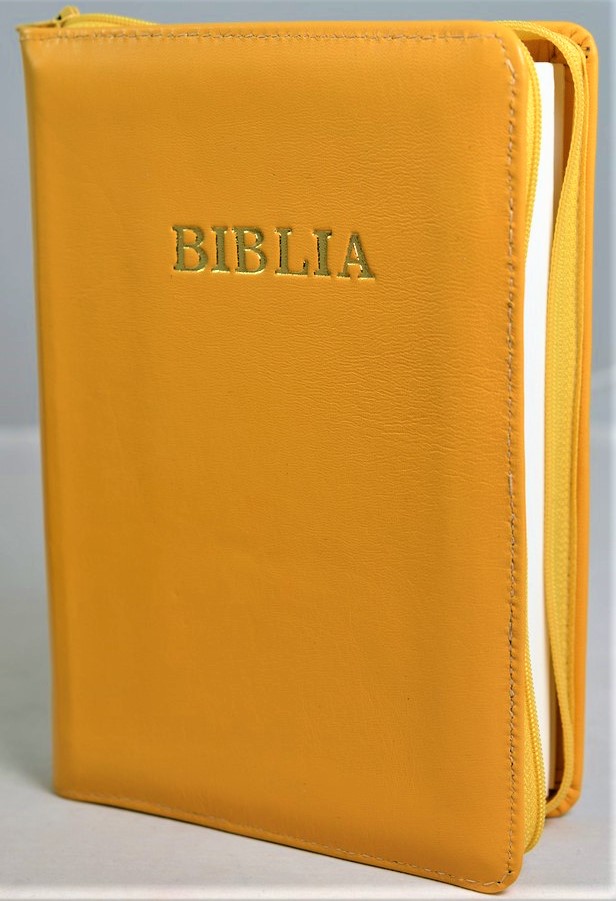 Biblia din piele, marime medie, culoare nuanta galben, fermoar, cuv. lui Isus cu rosu [053]