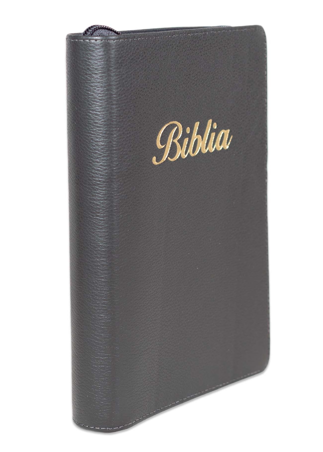 Biblie mare, piele,  gri închis, fermoar, index, margini argintii, cuv. Isus cu rosu + inel pentru pix [MAR 073 PFI]