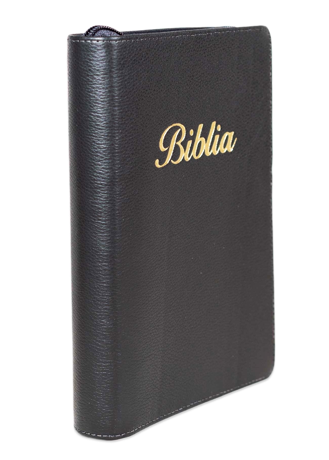 Biblie mare, piele,  gri închis, fermoar, index, margini argintii, cuv. Isus cu rosu + inel pentru pix [MAR 073 PFI]