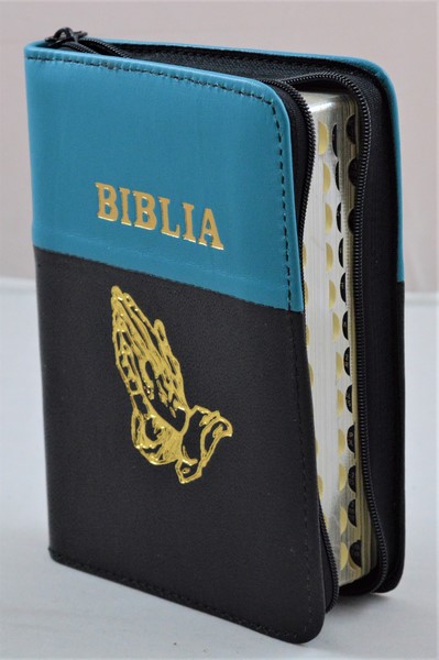 Biblia format mic, din piele, culoare turcoaz/negru, index, fermoar, margini argintii, simbolul maini in ruga, cuv. lui Isus in rosu [047 PFI]