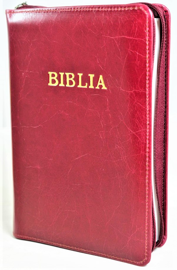 Biblia din piele, marime medie, visiniu cu striatii, fermoar, cuv. lui Isus cu rosu [053]