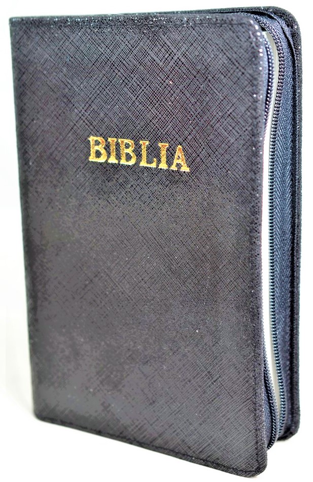 Biblia din piele, marime medie, textura neagra, fermoar, cuv. lui Isus cu rosu [053]