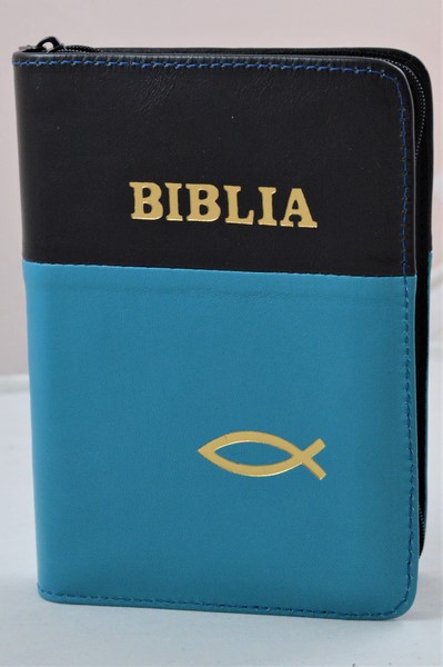Biblia format mic, din piele, culoare negru/turcoaz, index, fermoar, margini argintii, simbolul peste, cuv. lui Isus in rosu [047 PFI]