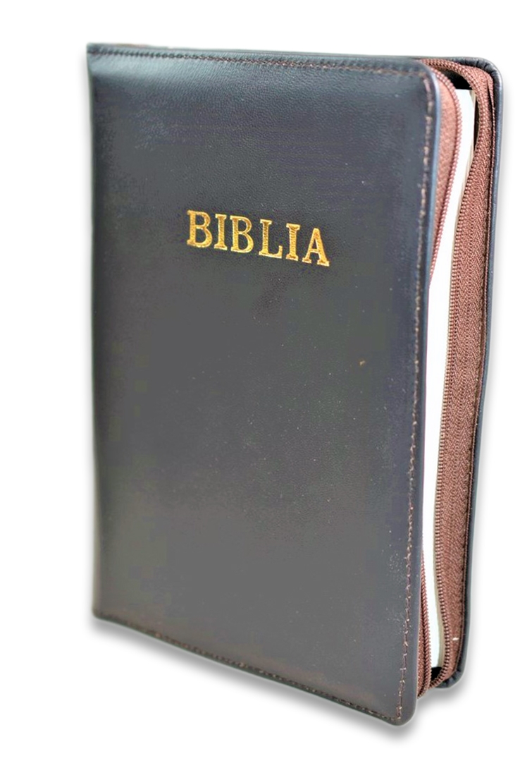 Biblia din piele, marime medie, maro inchis, fermoar, cuv. lui Isus cu rosu [053]