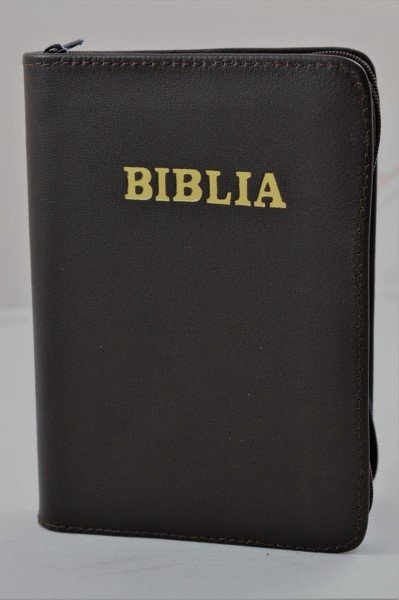 Biblia mica, coperta piele, culoare, maro, index, fermoar, margini aurii, cuv. lui Isus in rosu [047 PFI]