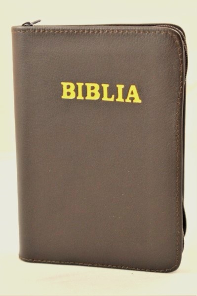 Biblie din piele, marime mica, culoare, maro, fermoar, margini albe, cuv. lui Isus in rosu [043 PF]