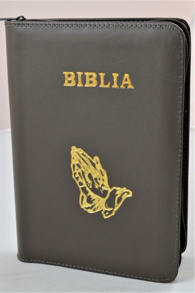 Biblie din piele, marime medie, culoare kaki, simbol maini in rugaciune, fermoar, index, margini aurii, cuv. lui Isus cu rosu [SB 057 PFI]