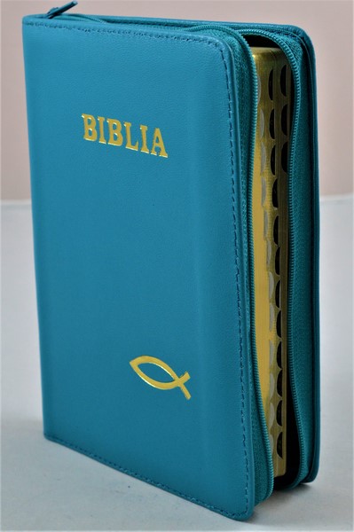 Biblie din piele, marime medie, turcoaz, simbol peste, fermoar, index, margini aurii, cuv. lui Isus cu rosu [SB 057 PFI]
