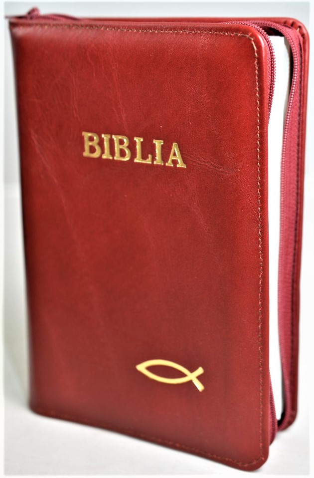 Biblia din piele, marime medie, visiniu, fermoar, cu peste, cuv. lui Isus scrise cu rosu [053]