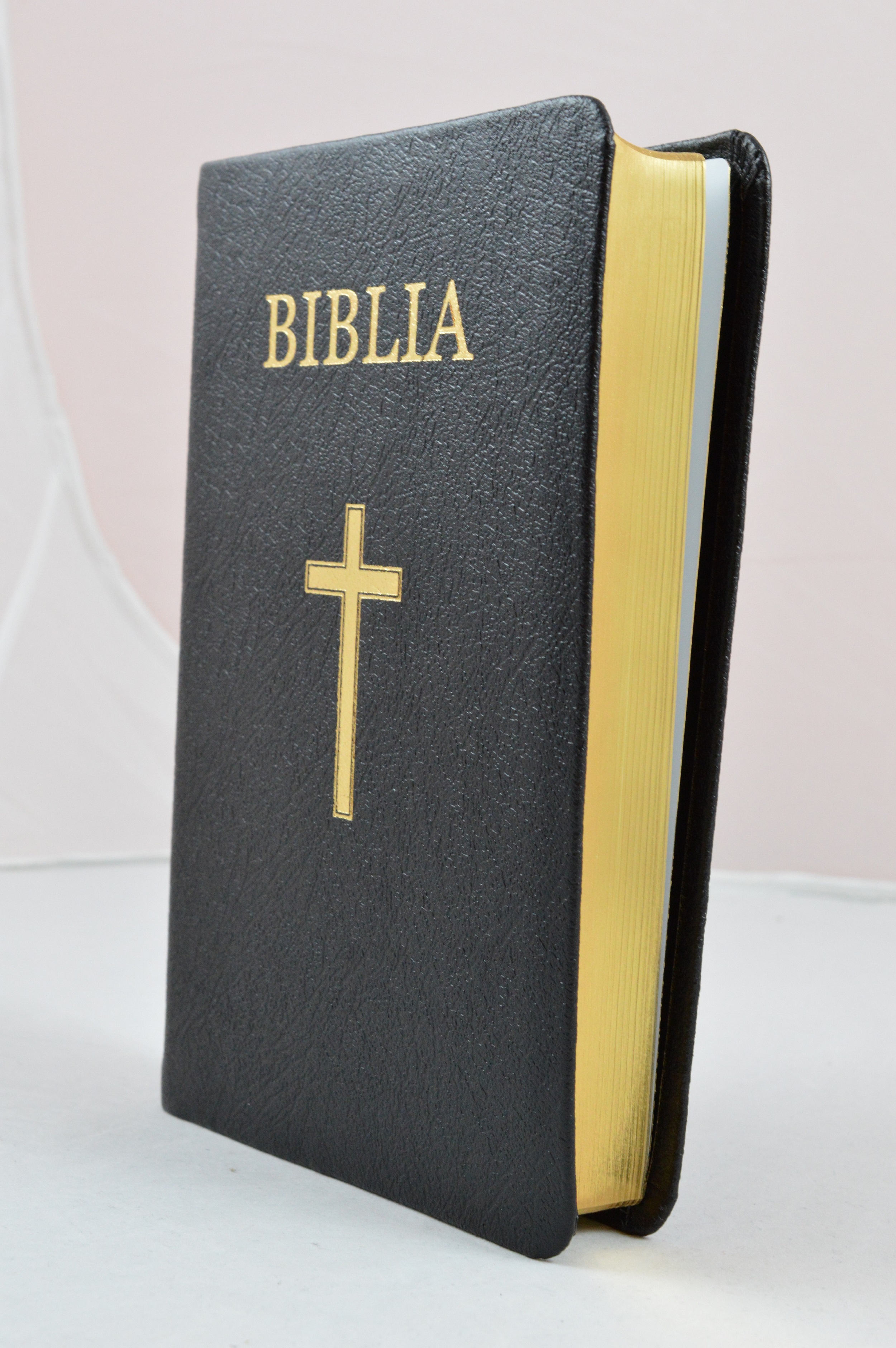 Biblie medie, din piele neagra, cu cruce, margini aurii [063 P]